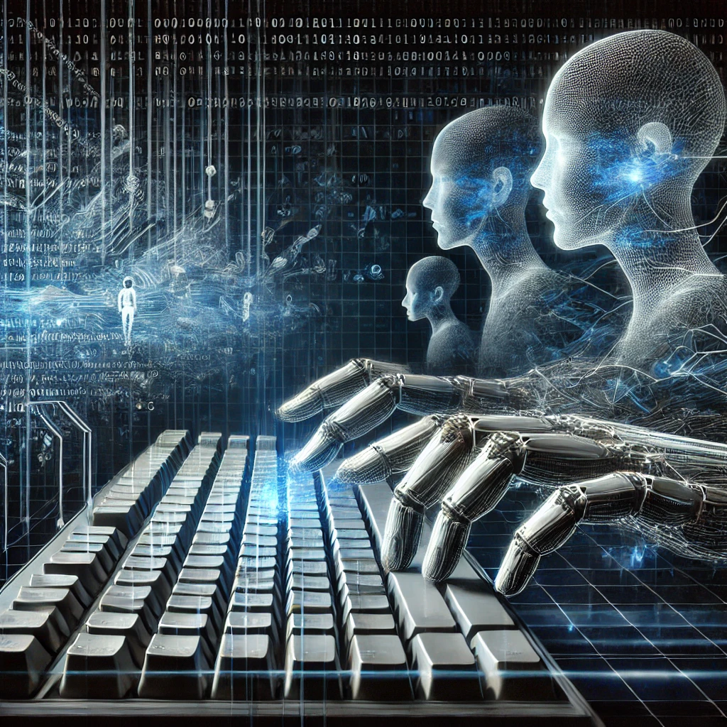 DALL·E 2024-06-26 08.19.28 - A digital representation of the 'Dead Internet Theory'. The image should depict a robotic hand typing on a keyboard, surrounded by streams of binary c